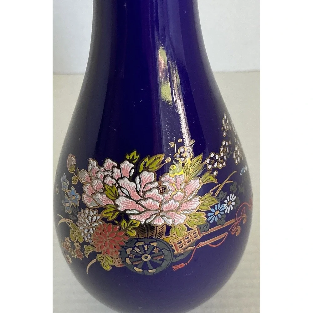 Cobalt Blue Porcelain Bud Vase Floral Gold Trim‎ 8 Inch Long Neck Decor
